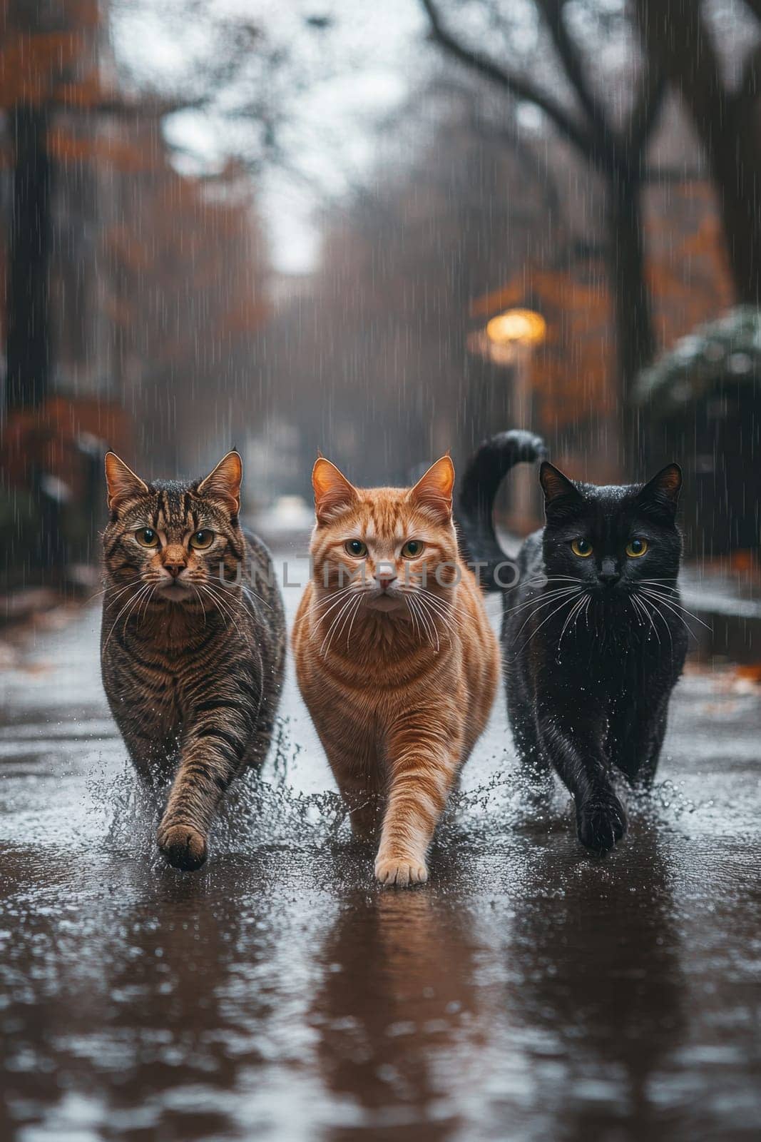 Three cats are walking along a city street during the rain.