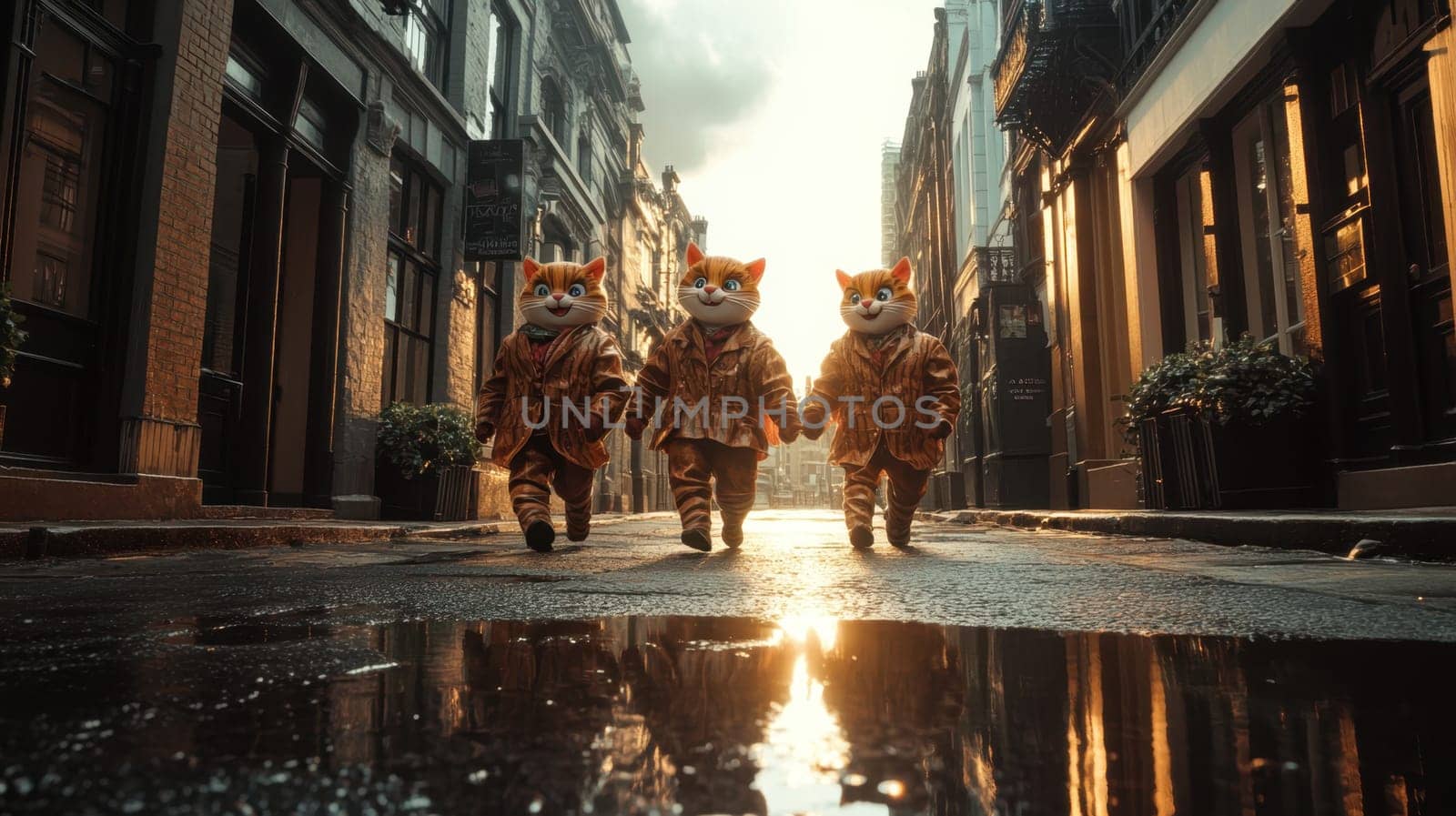 Three cats in autumn clothes are walking along a city street during the rain.
