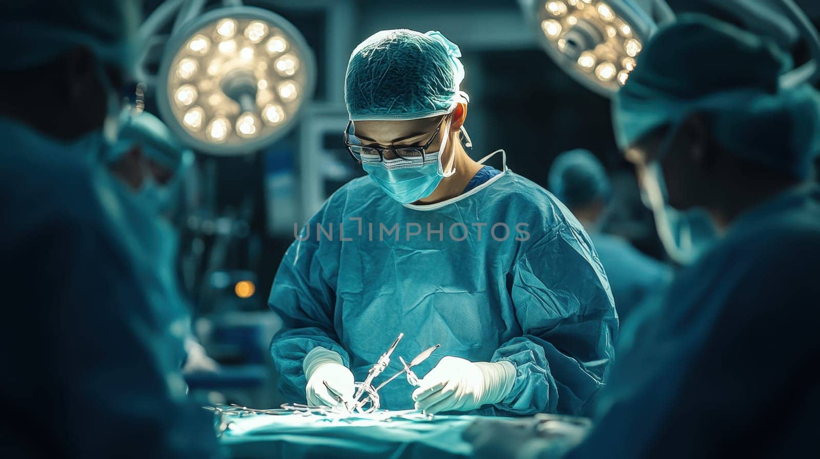 A surgeon performing an operation in a modern operating room, the doctor focuses on the patient during the operation.