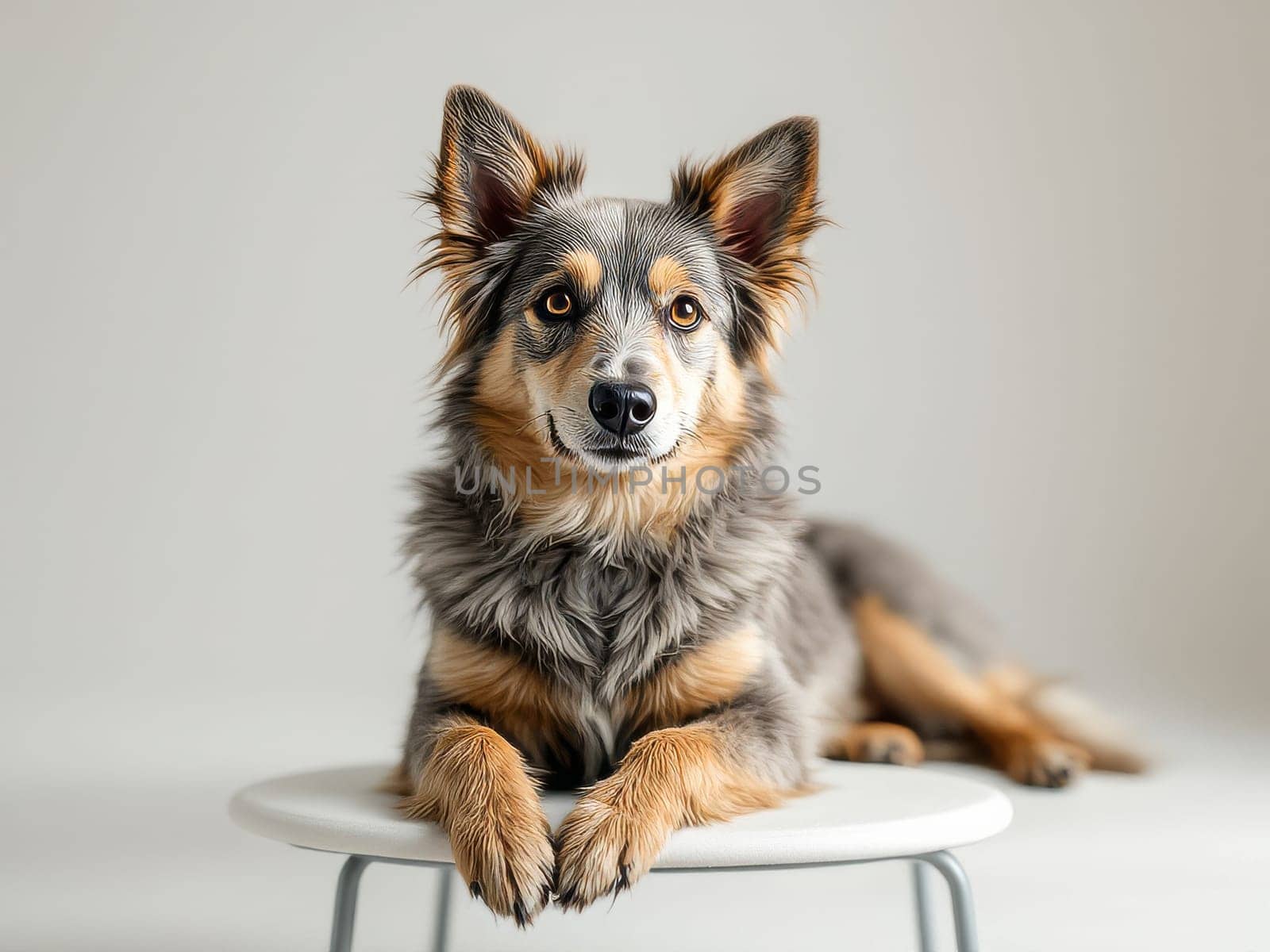 Portrait of a beautiful mixed breed dog lying on a small white stool over a gray background. Ai generated