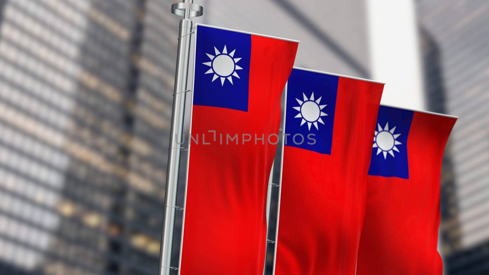 Taiwan flag waving in the wind. Red flag with white sun with 12 rays on blue rectangle. 3d illustration render. Selective focus. Textured background