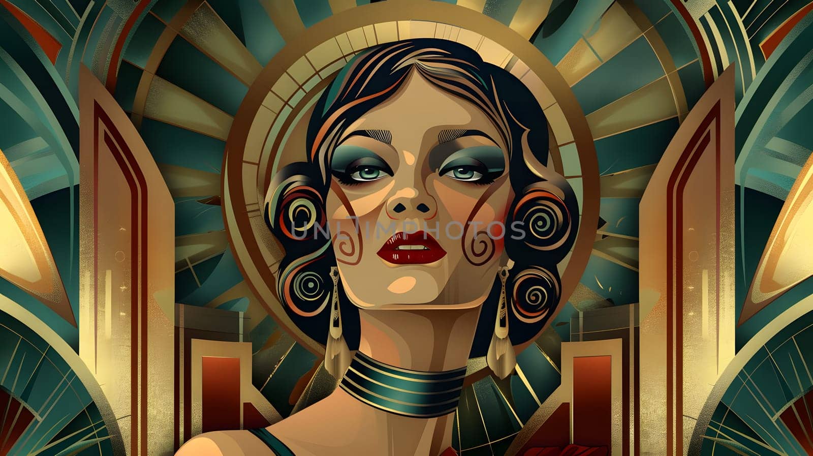Stylish woman in art deco design with bold makeup in geometric background