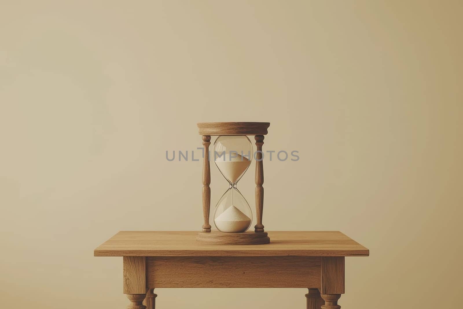 A serene minimalist scene showcasing a wooden desk with a beautifully crafted hourglass in the center, perfect for adding a touch of elegance and tranquility to any space.