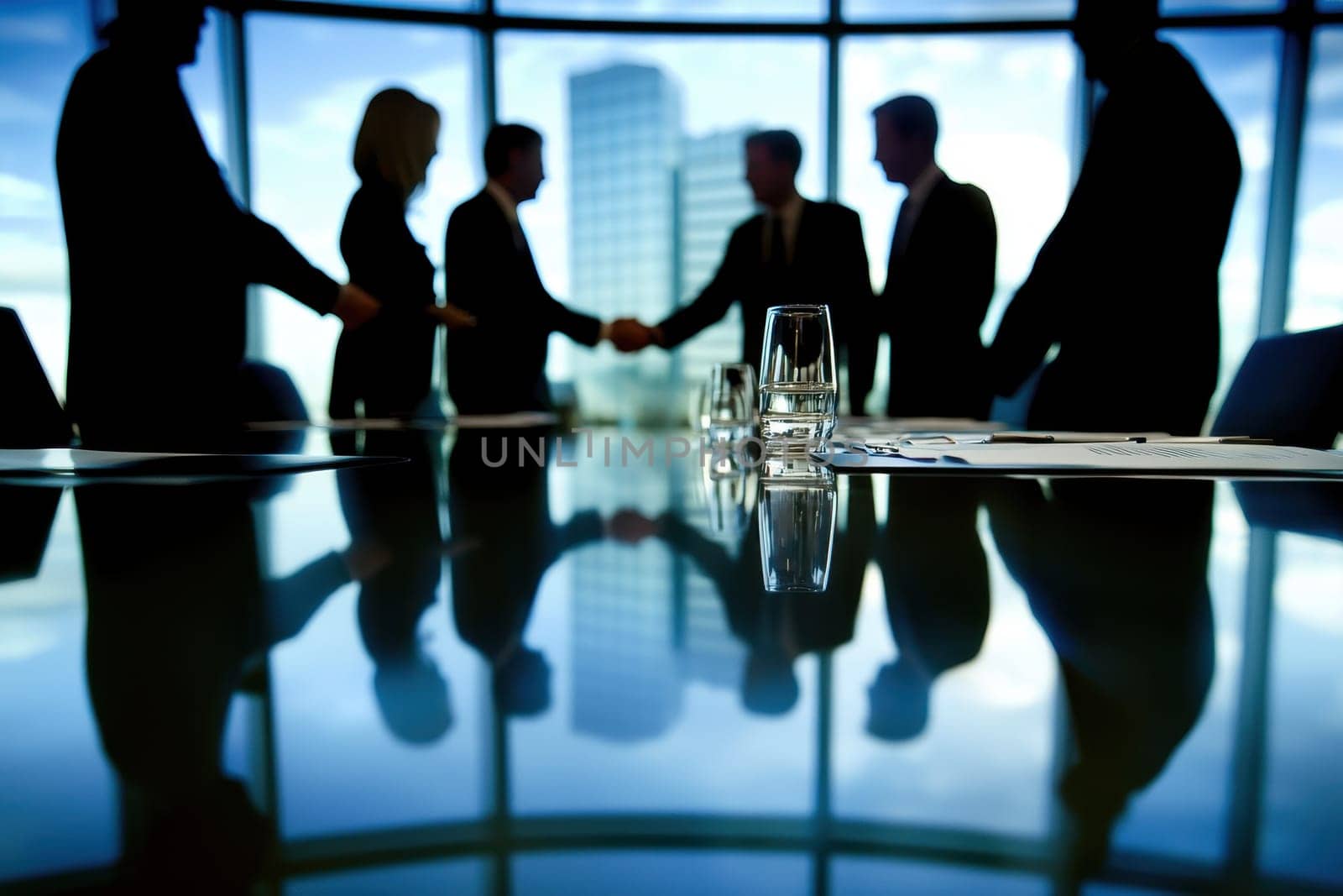 Professional executives engage in a meeting within a well-lit boardroom, showcasing silhouettes against a city backdrop. The ambiance reflects collaboration and strategic planning.
