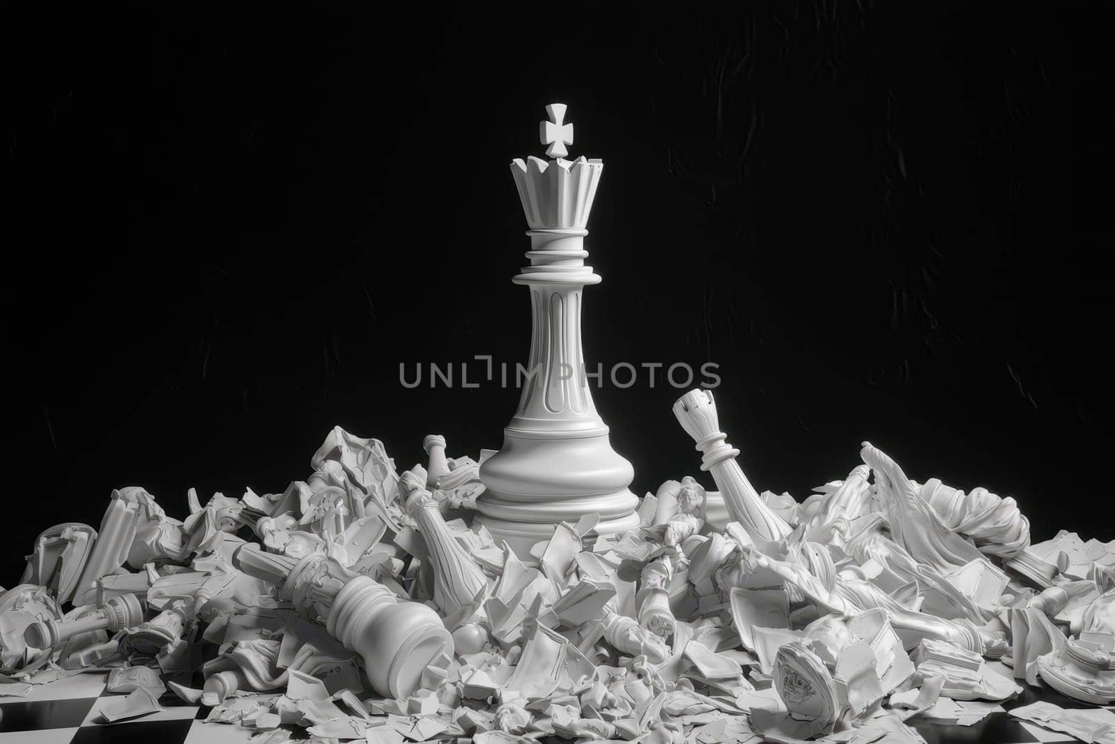 A stunning white king chess piece stands tall amidst a sea of chess components on a black chessboard, symbolizing strategy and elegance in the game of chess.