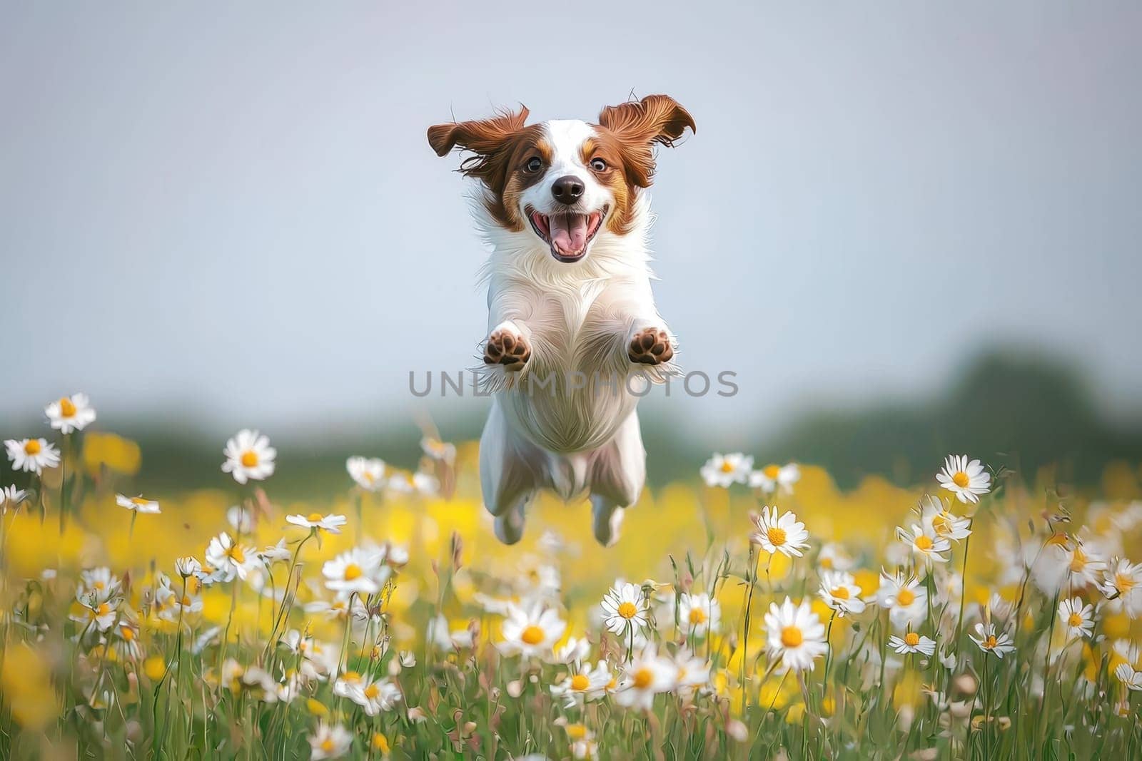 A joyful dog happily leaps through a vibrant field of flowers, showcasing its playful energy and agility. This delightful scene captures the essence of freedom and joy in nature.
