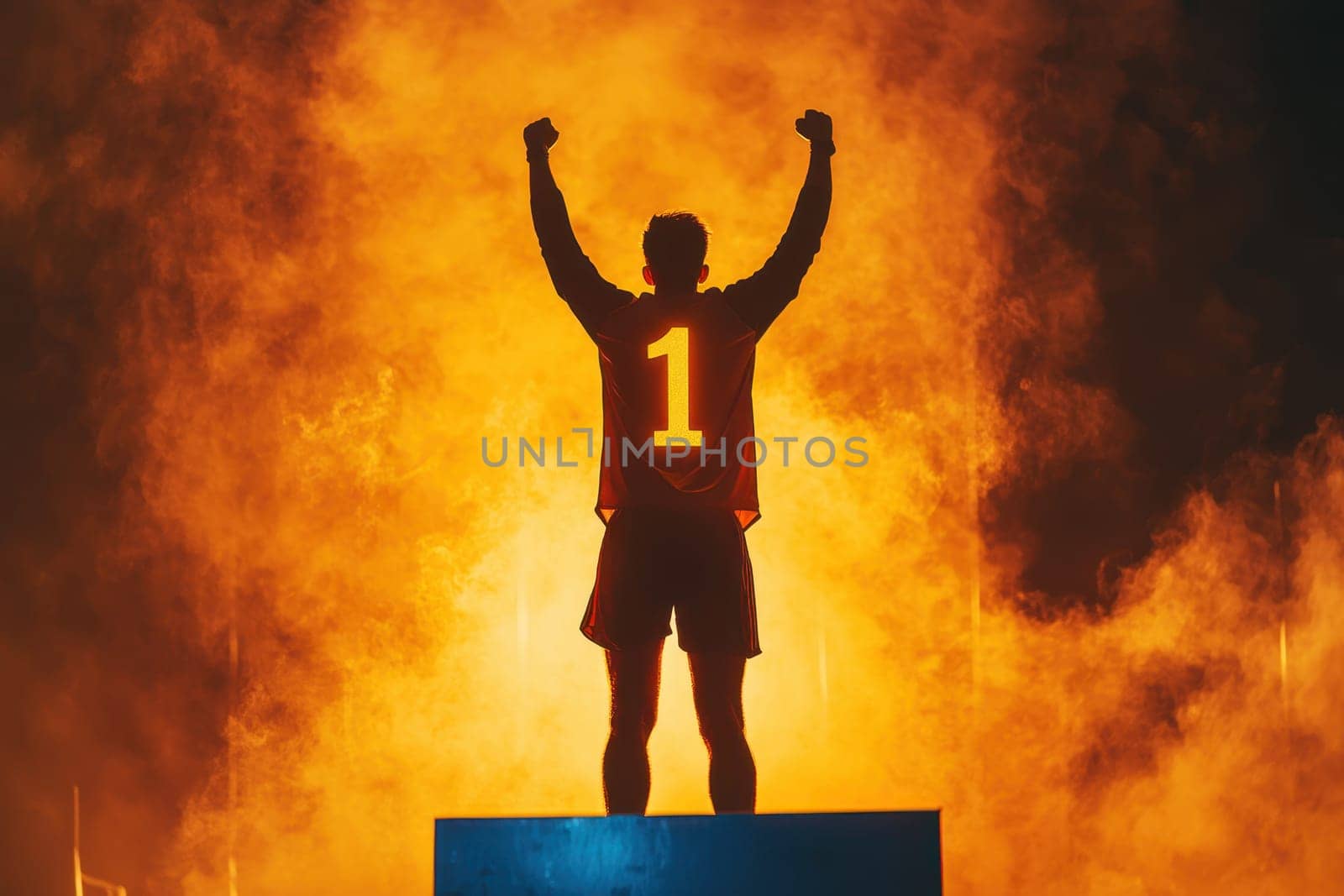 A silhouette of a champion runner stands triumphantly on a podium, arms raised in victory. Dramatic glowing smoke surrounds the scene, capturing the excitement of triumph and achievement in sports.