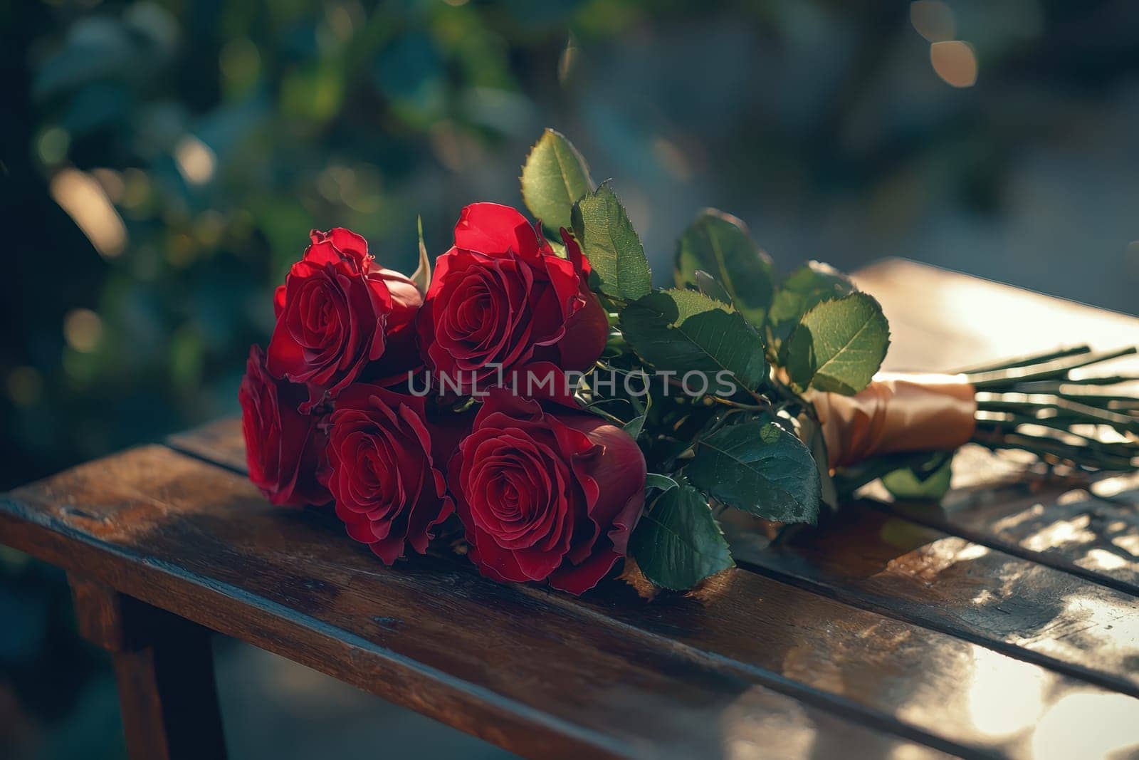 A beautifully arranged bouquet of red roses tied with natural greenery rests elegantly on a wooden surface, exuding romance and charm, perfect for any special occasion.