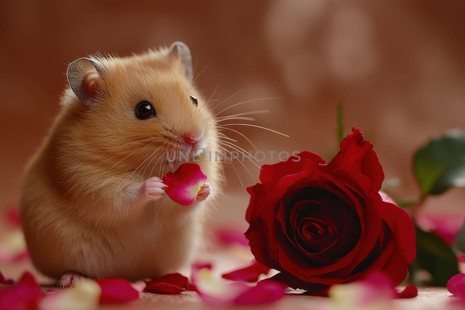 A tiny hamster sits contentedly holding a delicate rose petal, surrounded by vibrant red rose petals, creating a charming and serene moment of beauty.