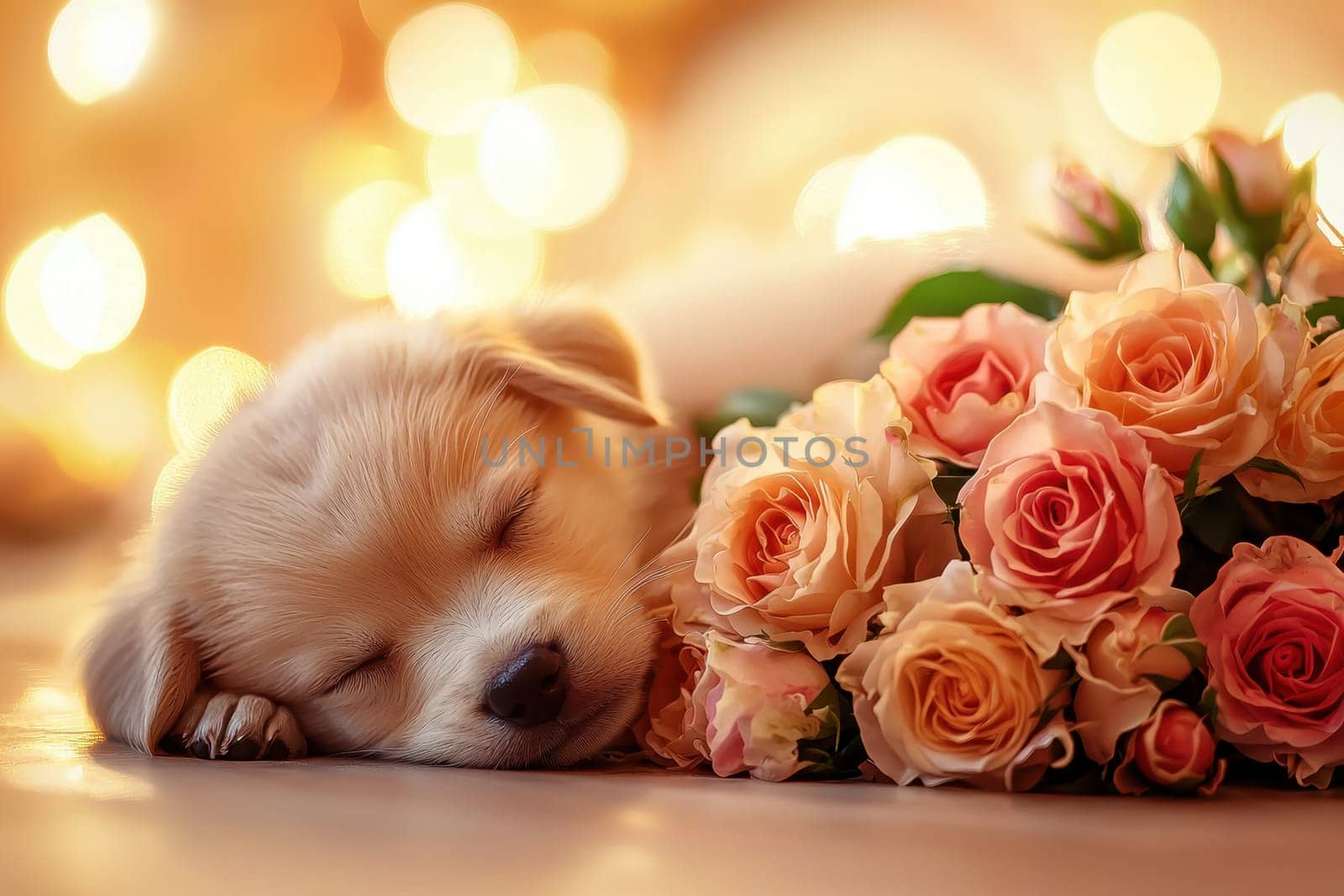 A heartwarming scene featuring a sleepy puppy curled up beside a beautiful bouquet of pastel roses. Soft lighting enhances the cozy ambiance of this tranquil moment, perfect for pet and floral lovers.