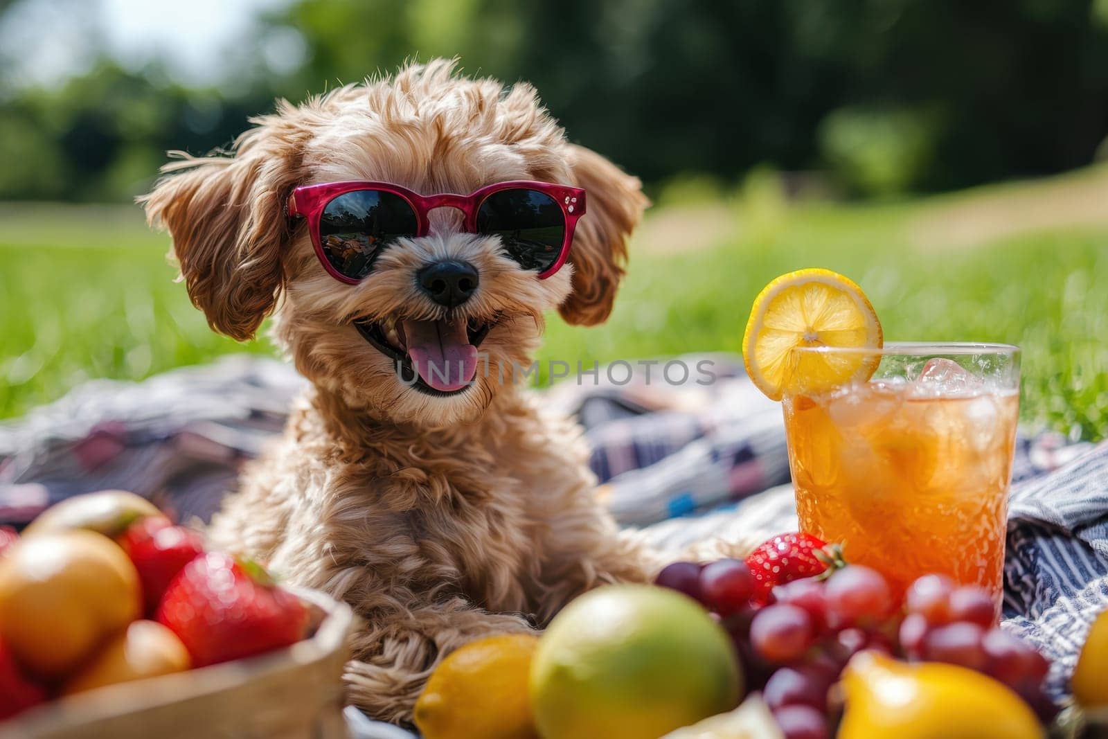A cheerful puppy wearing sunglasses sits happily on a picnic blanket surrounded by fresh fruits and a refreshing drink, embodying joy and relaxation on a sunny day.