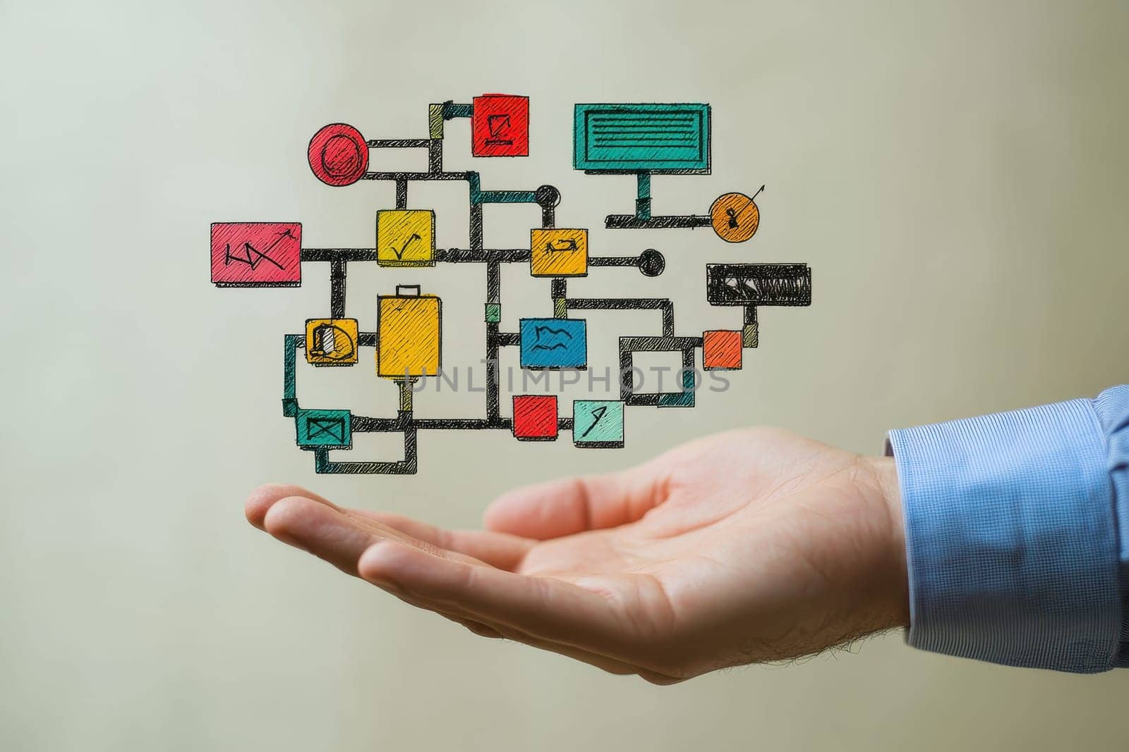 A digital flowchart depicting interconnected strategy concepts is shown above a hand, symbolizing business planning and innovation visually for effective management.