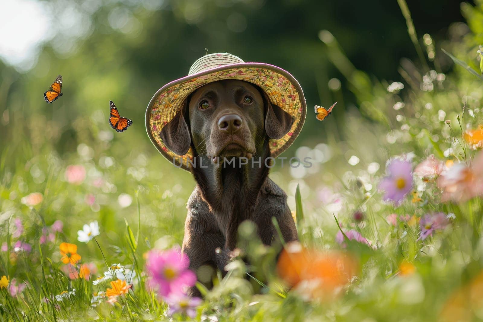 A charming dog sits on lush green grass, wearing a colorful summer hat. Surrounded by blooming flowers and fluttering butterflies, this delightful scene captures the essence of a sunny day in nature.