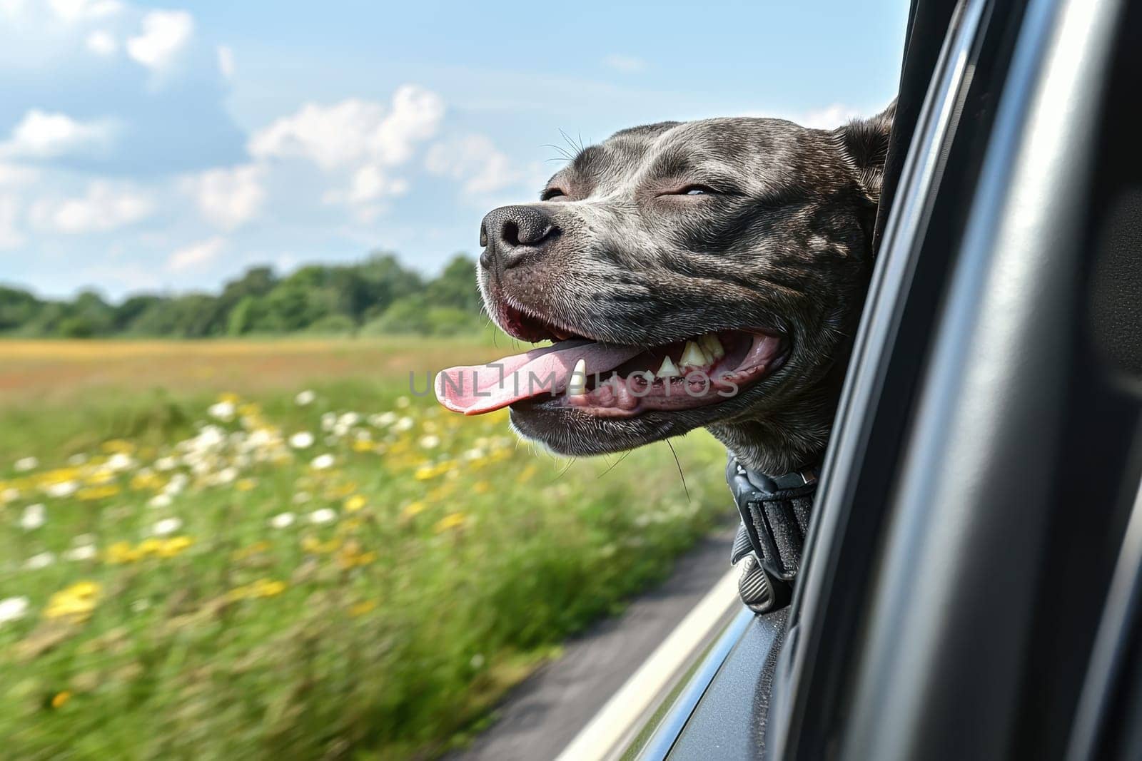 A joyful dog leans out of a car window, enjoying the breeze and sunshine with its tongue out. A scenic landscape of grass and flowers complements this happy moment.