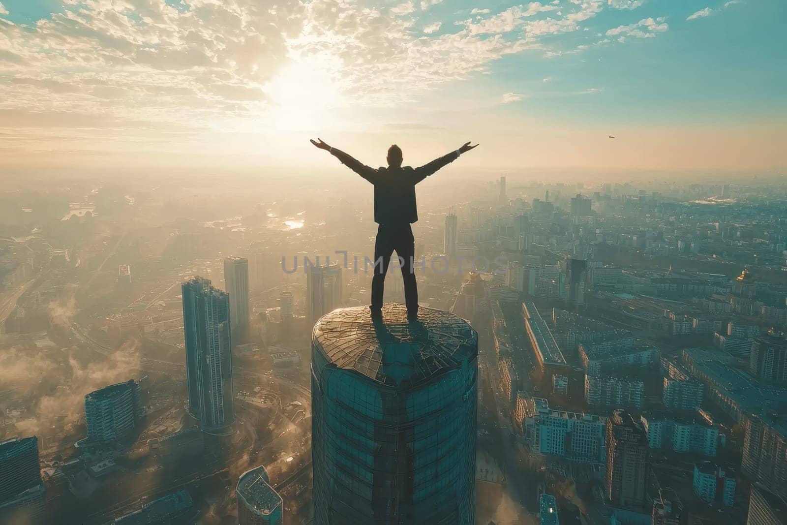 A dramatic high angle shot captures a successful entrepreneur standing triumphantly on a rooftop at sunrise, arms wide open, symbolizing freedom and opportunity.