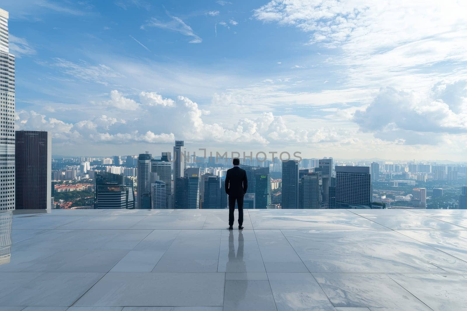 A lone executive stands at the edge of a high-rise, overlooking a stunning urban skyline and dramatic sky, evoking a sense of contemplation and ambition.