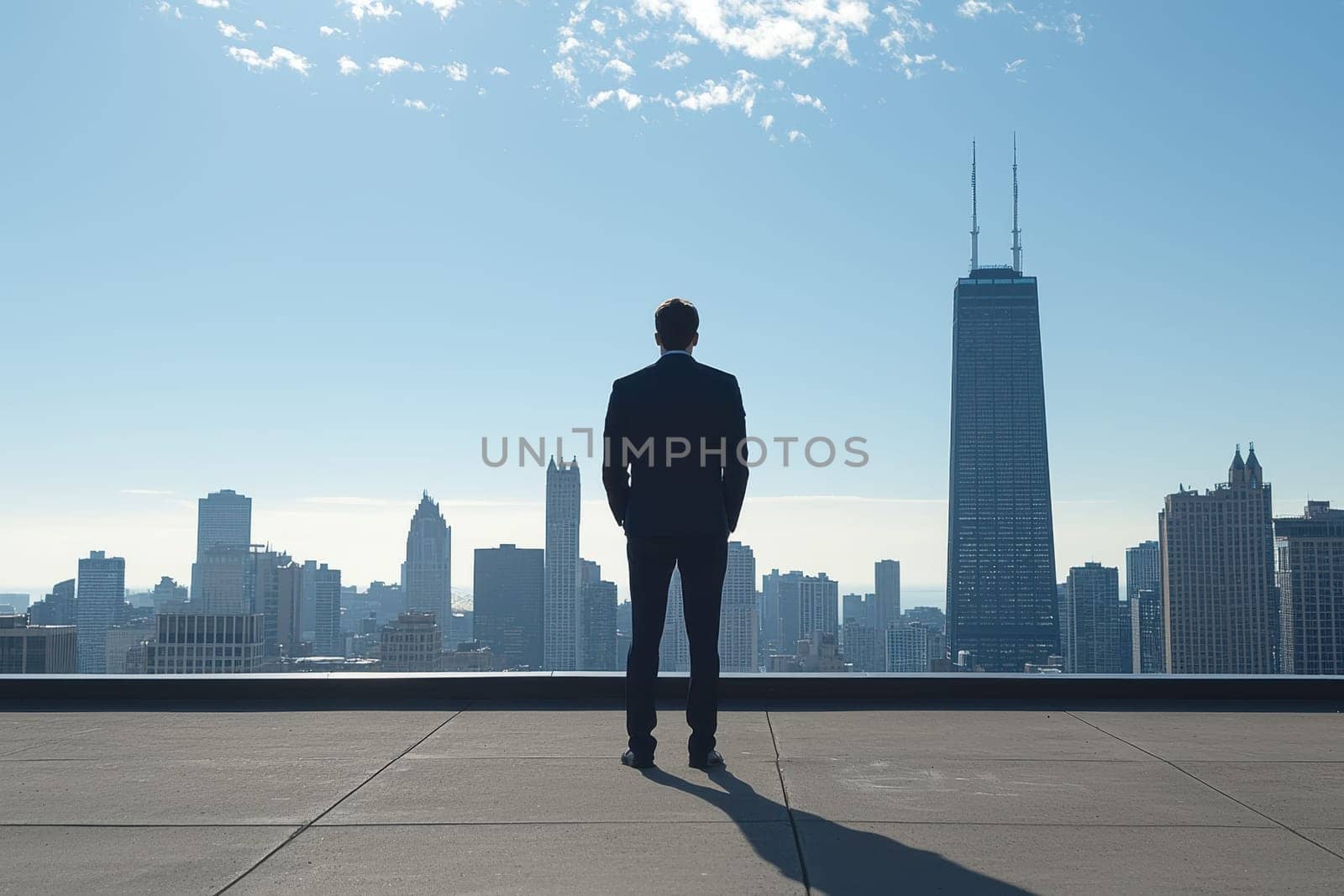 A lone executive stands at the edge of a high rise, gazing over an expansive city skyline, embodying ambition and contemplation against a clear sky.