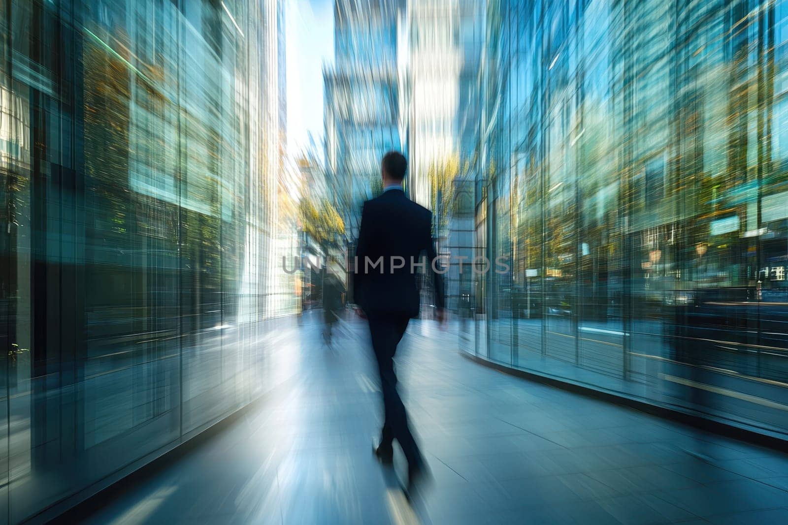 A modern businessman strides confidently through an urban environment, capturing the essence of city life with a blurred backdrop that conveys motion and energy.