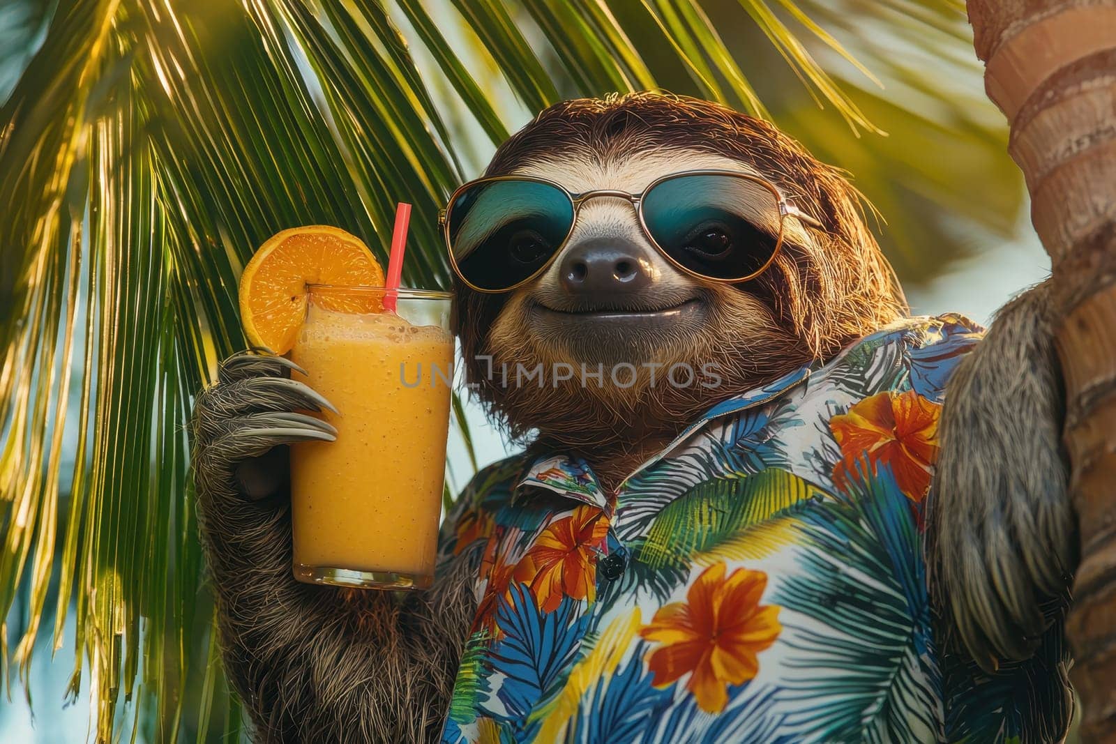 A cheerful sloth wearing sunglasses and a Hawaiian shirt holds a vibrant tropical drink while leaning against palm leaves, radiating joy and relaxation.
