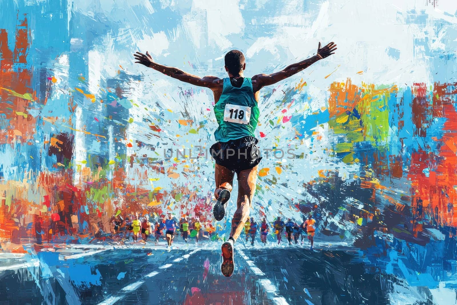 Discover a vibrant digital painting capturing the exhilarating moment of a marathon runner crossing the finish line, embodying triumph and celebration.
