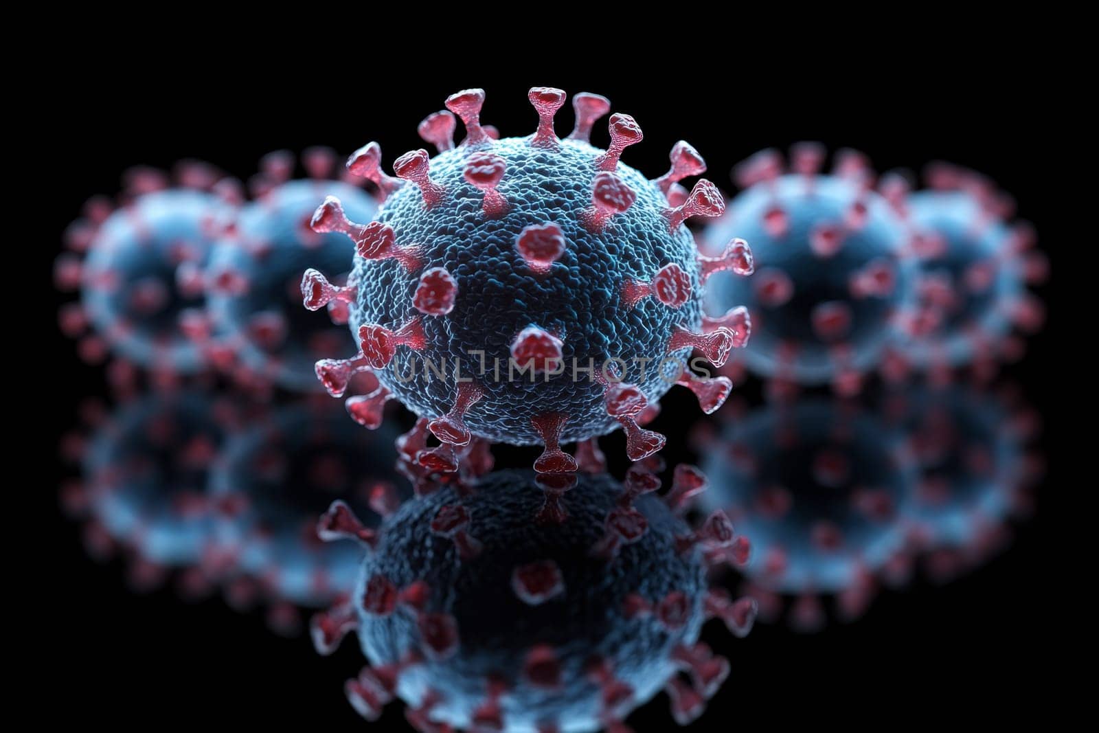 Microscopic view showcasing a group of virus particles in a highly detailed 3D rendering..