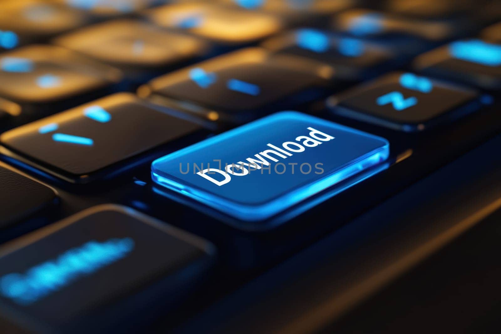 Close-up of illuminated Download button on futuristic keyboard with glowing edges, emphasizing digital technology and downloading processes..