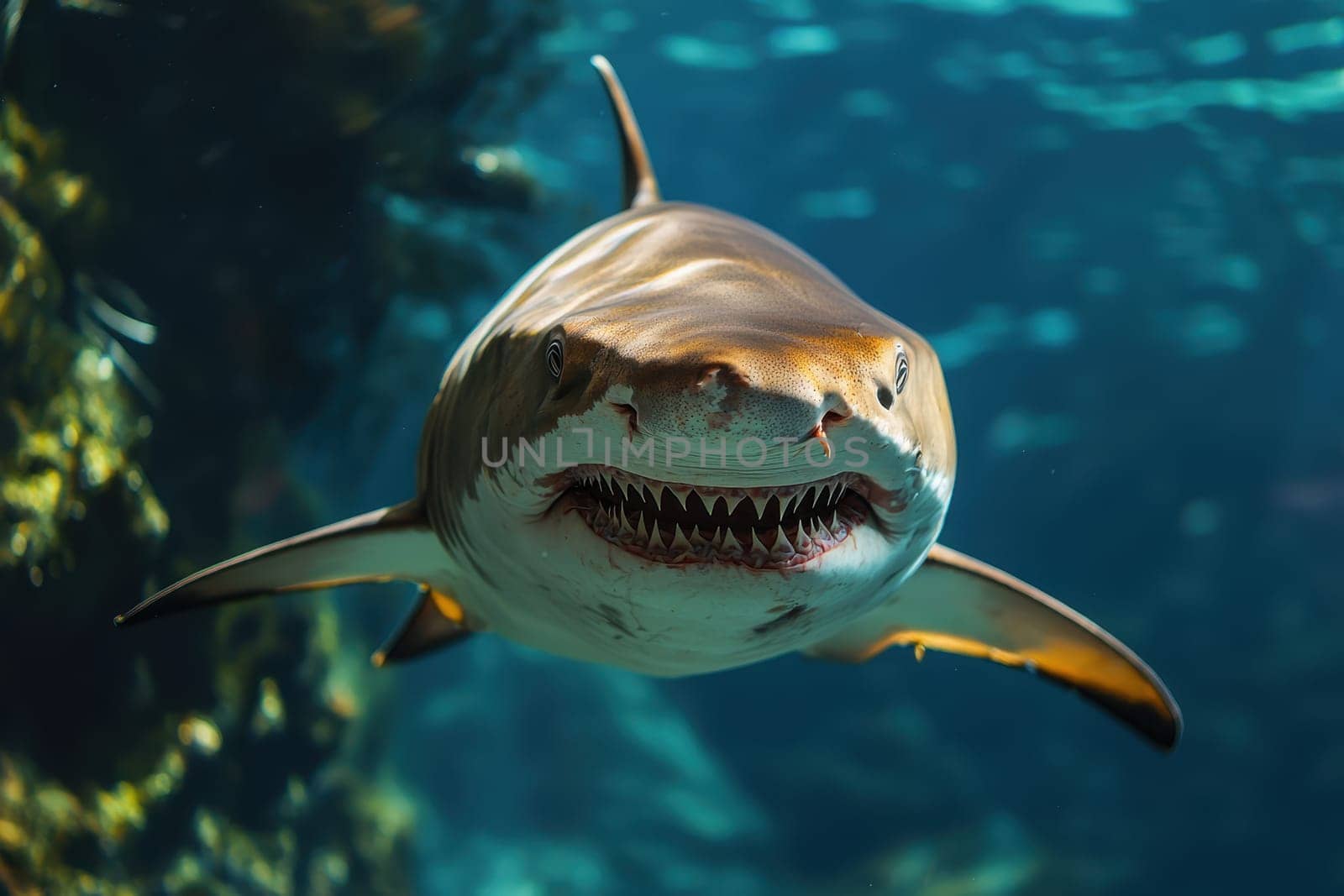 Encounter the terrifying presence of a massive killer shark lurking beneath the sea or ocean, showcasing its intimidating big teeth and open mouth. Ai generated..