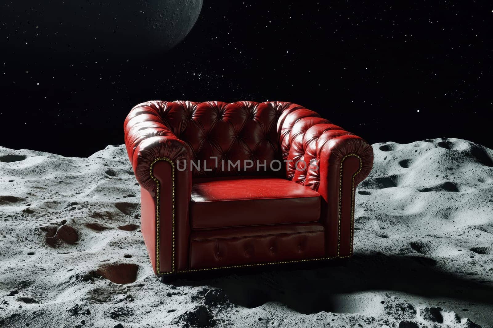A red leather armchair on the moon with bumpy surface. earth planet on background..