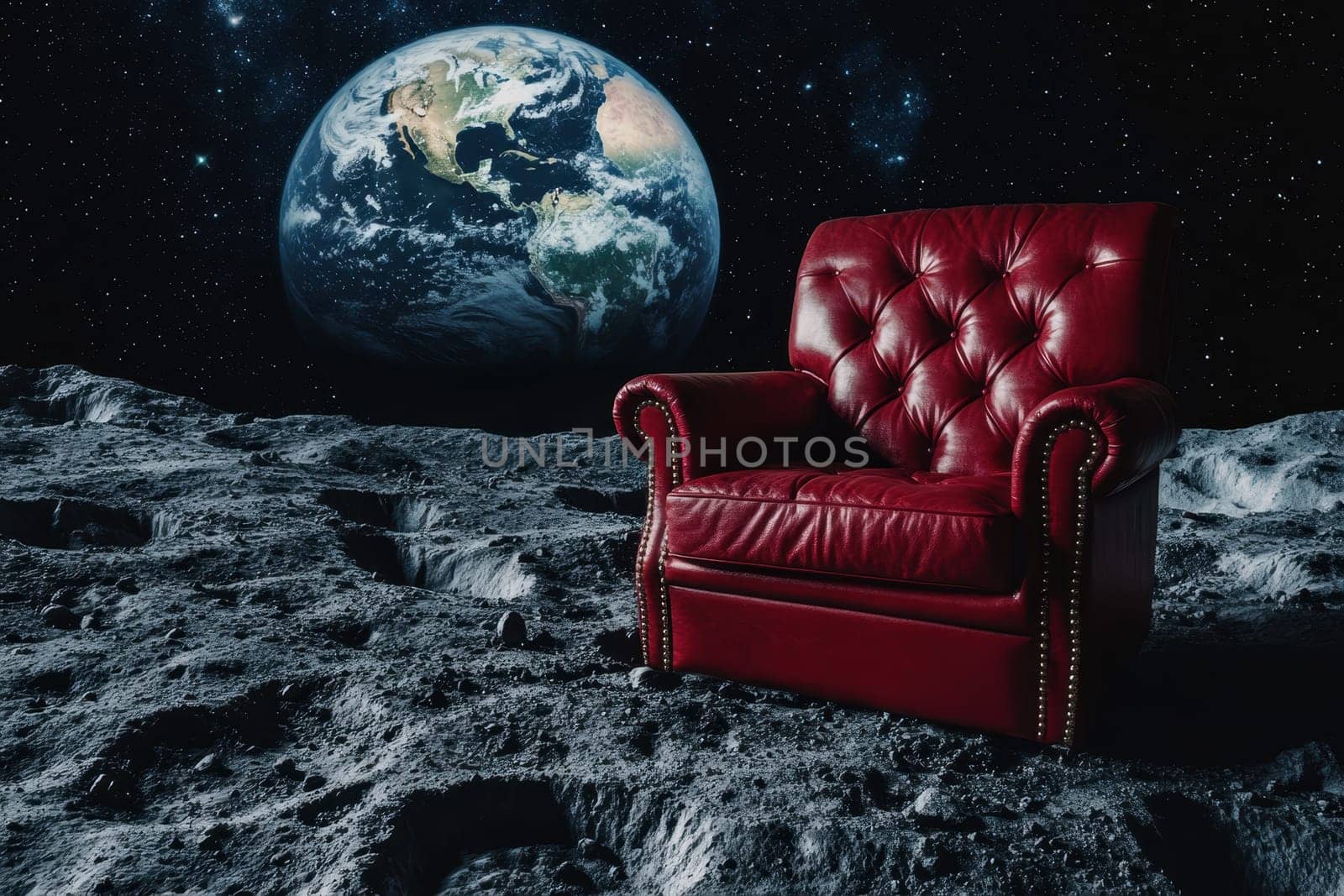 A red leather armchair on the moon with bumpy surface. Big jumbo beauty globe planet on background --ar 3:2 --v 6.1 Job ID: 13a785fd-0a41-48b9-a88d-832f77acec43