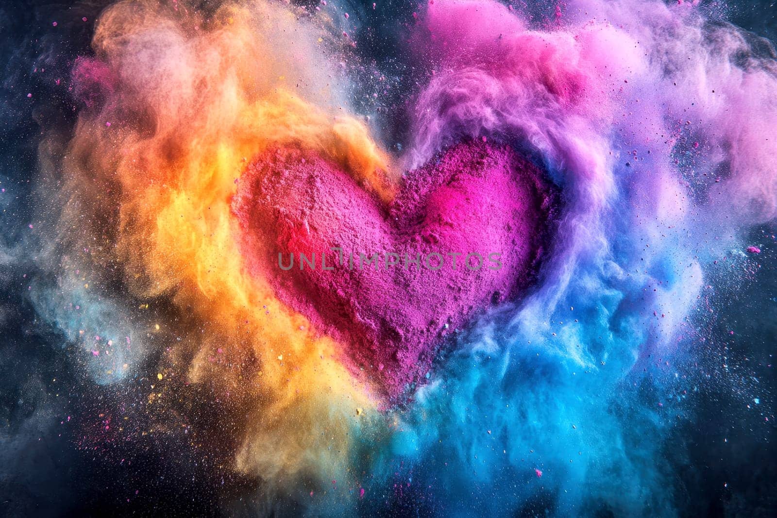 Colorful powder dust exploding in the air in front of white bright background. All the colors of the rainbow. Love and Pride concept..