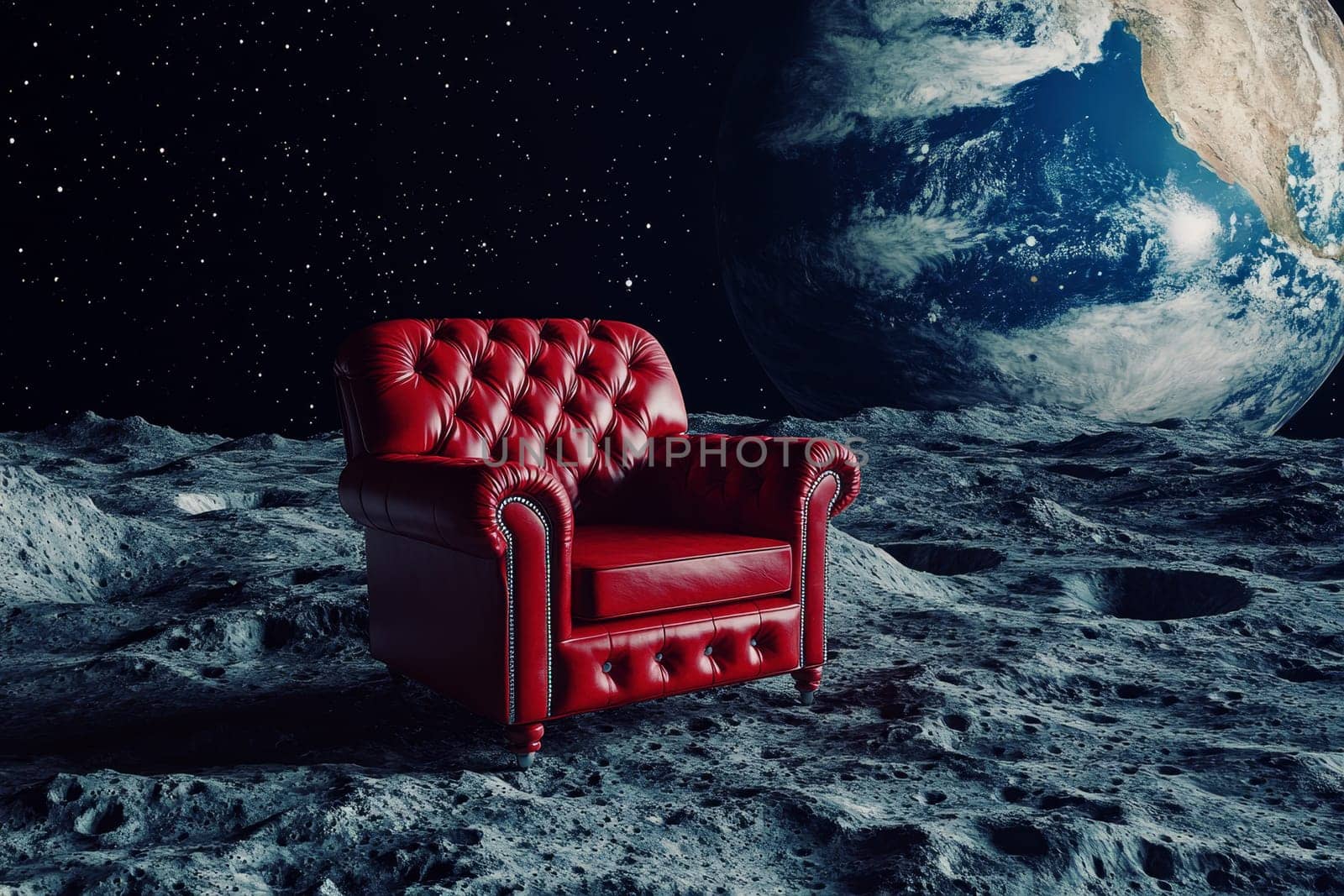 A red leather armchair on the moon with bumpy surface. earth planet on background..