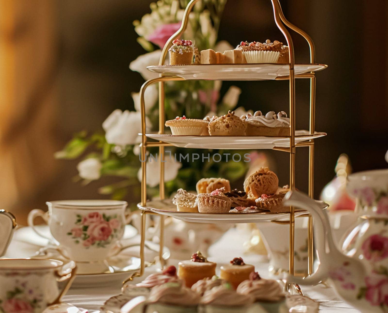 Elegant table setting for tea party with cakes and cupcakes in English manor. Selective focus. Vintage style