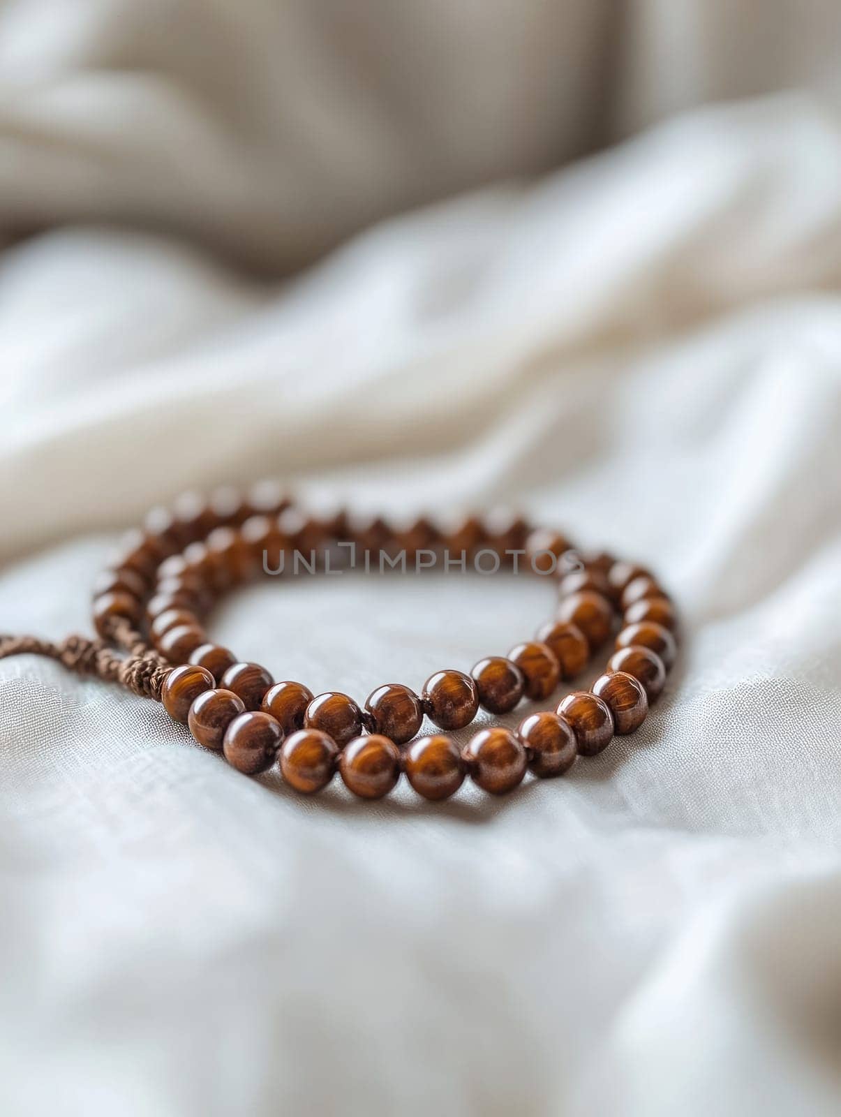 Elegant brown prayer beads on soft fabric background.
