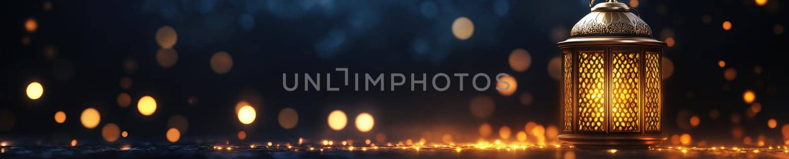 Elegant gold Islamic lantern on dark background with soft ambient glow.
