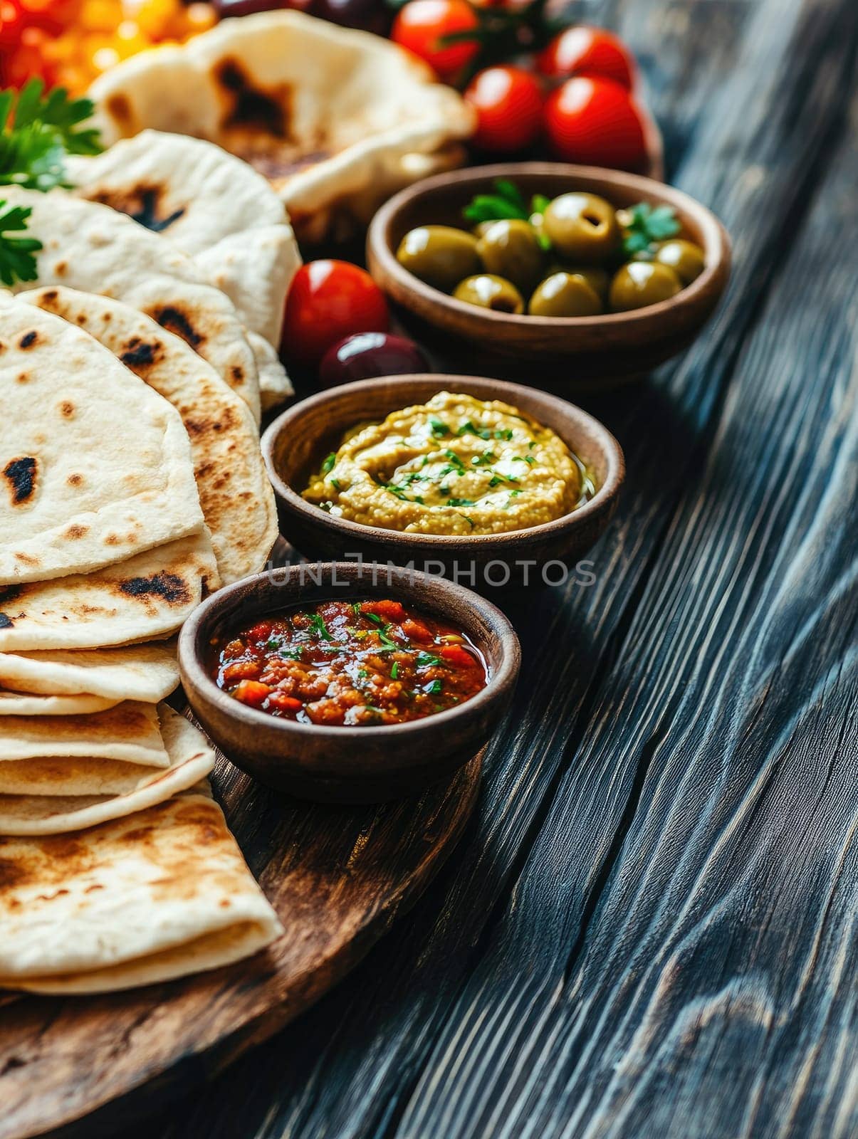 Decorative Ramadan food spread with pita bread and olives for festive celebration.