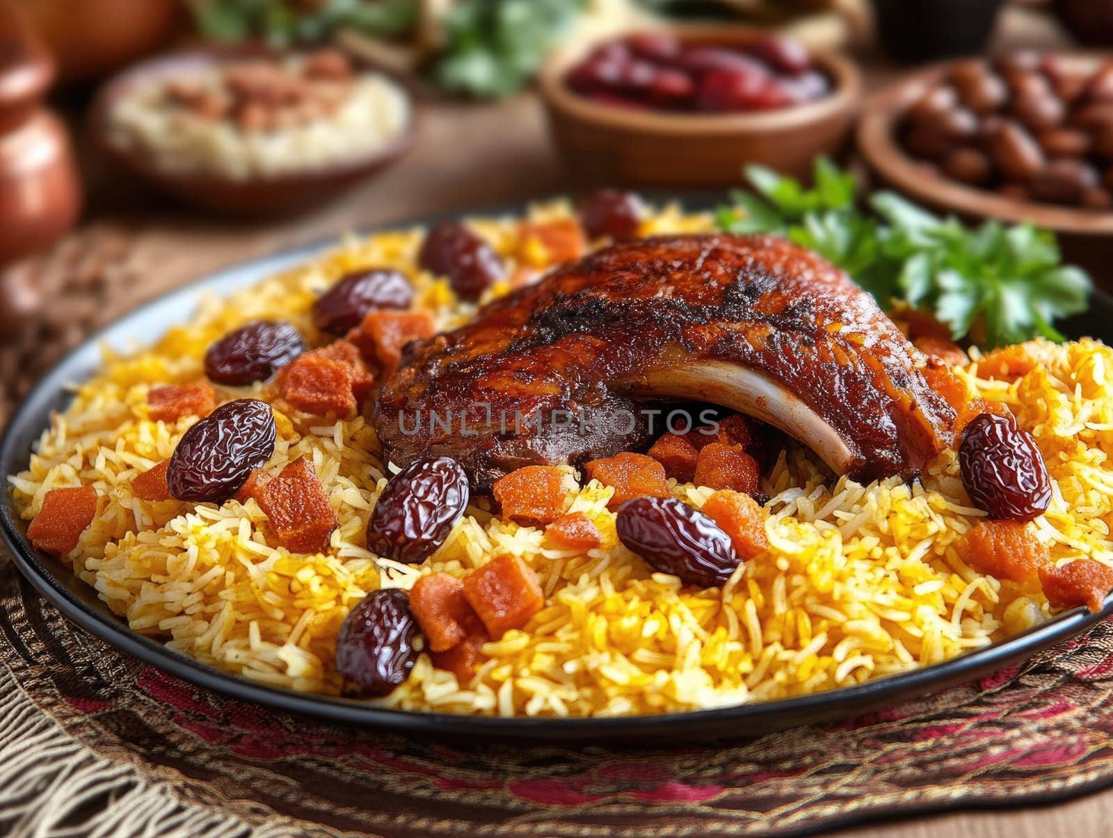 Traditional iftar spread with rice, meat, dates, and aromatic spices.