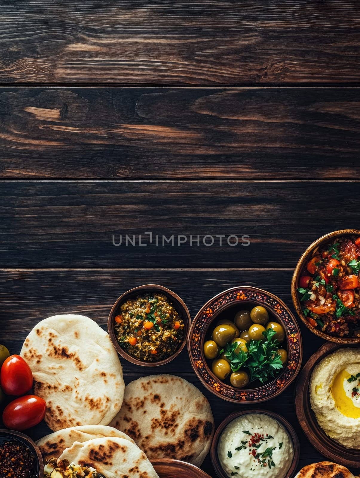 Ramadan feast with pita bread, olives, and assorted dishes on wooden table.