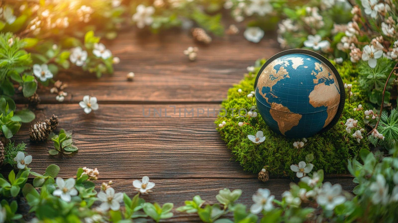 A globe placed on moss, decorated with white flowers and pinecones on a wooden surface, symbolizing harmony between Earth and nature. Text space included