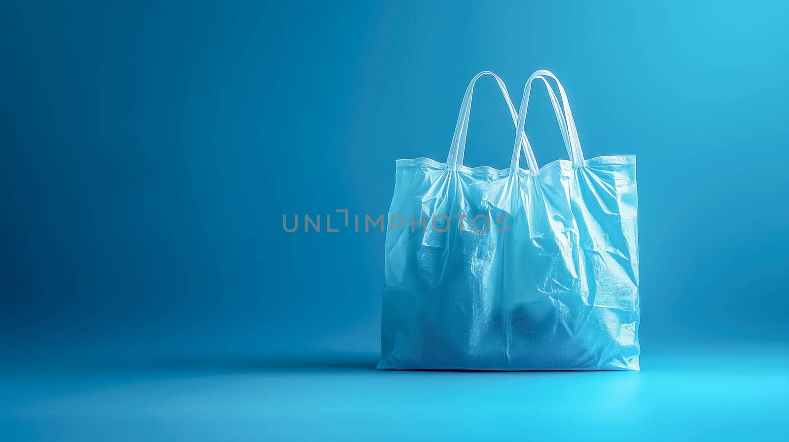 A single reusable shopping bag on a blue backdrop, symbolizing eco-friendly practices and sustainability in modern consumerism. Includes ample space for text for Earth Day campaigns or environmental messages