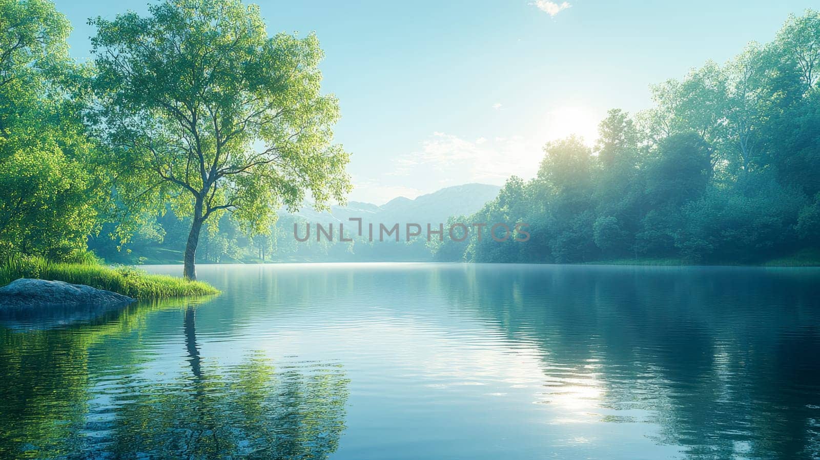 A picturesque single tree by a tranquil lake reflecting sunlight, symbolizing harmony with nature and environmental mindfulness