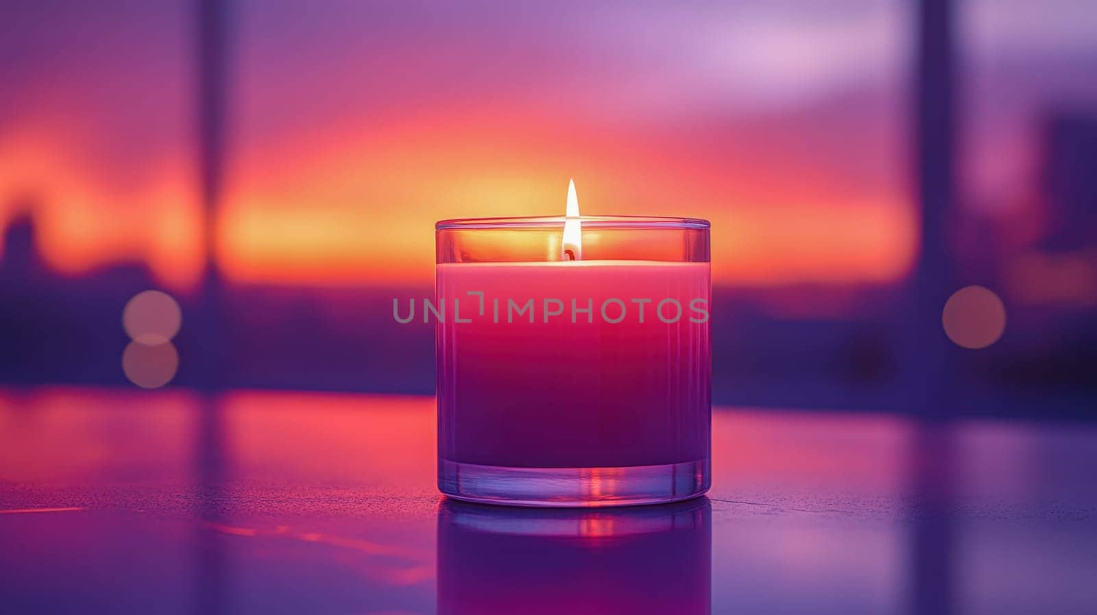 A single glowing candle in a glass holder on a table with a stunning purple and orange sunset in the background