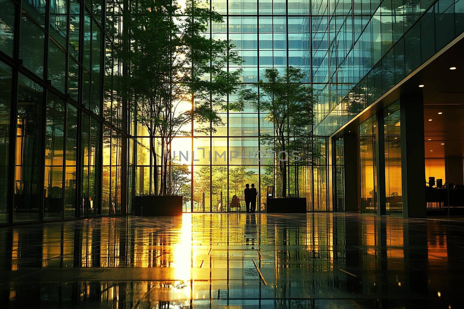 Panorama of a modern stylish office with glass walls and green plants. Sunlight filters through the glass walls.