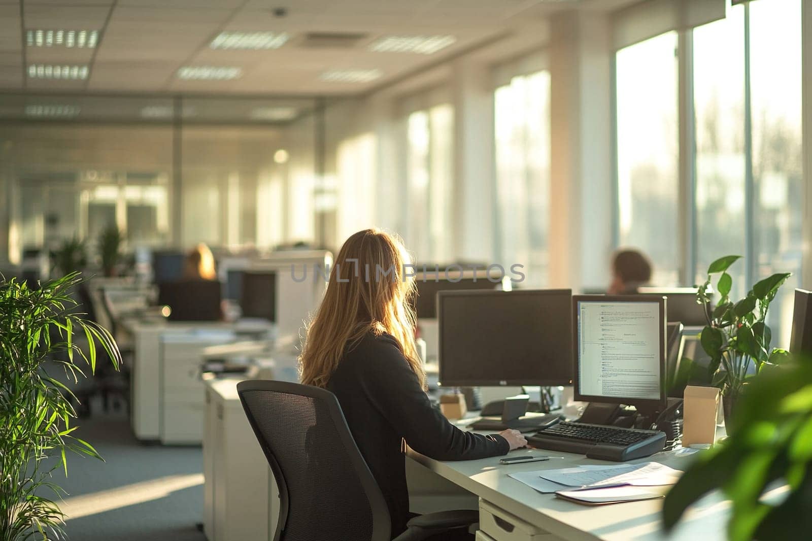 Office girl working on computer at desk, side view. Modern office interior with green plants.