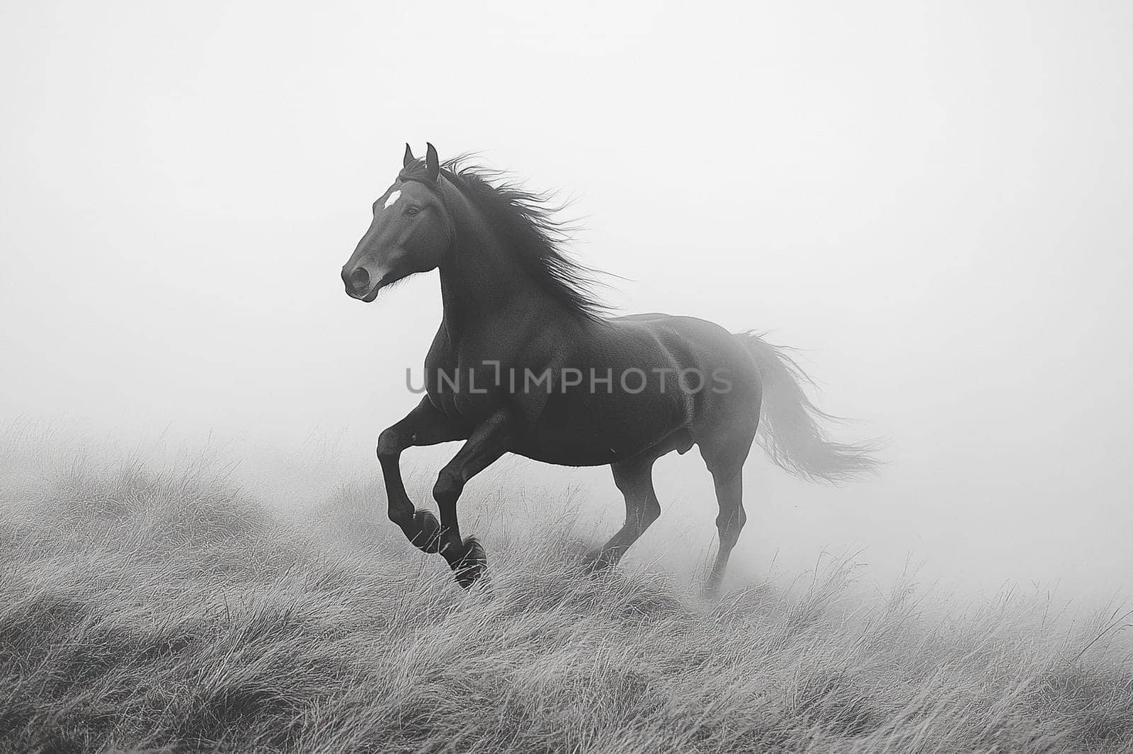 Black and white photo of a wild horse in thick fog in a field.