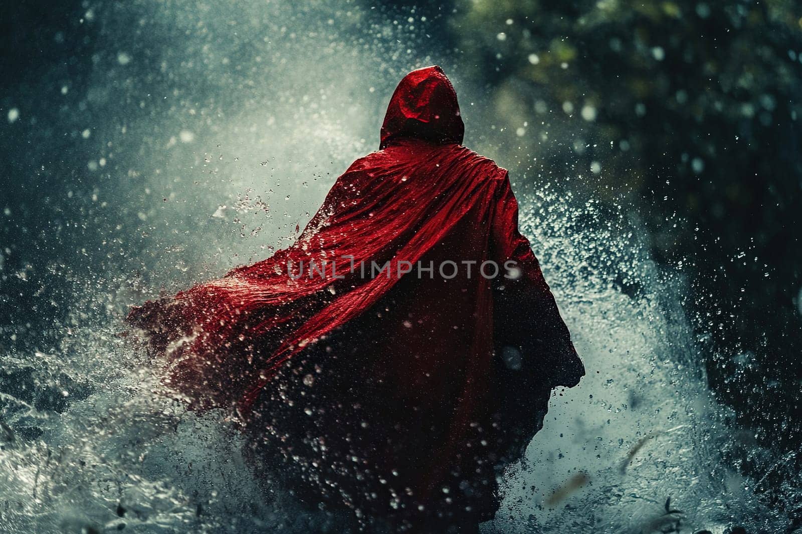 Silhouette of a man in a red hooded cloak against the background of pouring rain.
