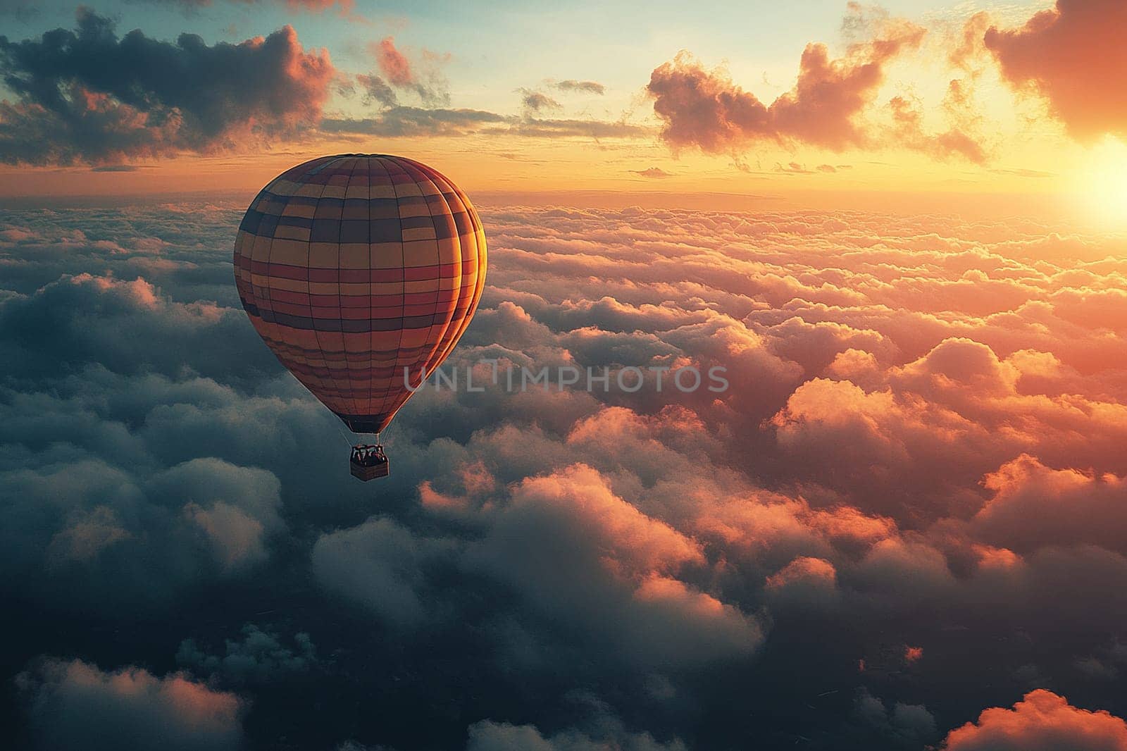 Hot air balloon with a passenger basket above the clouds at sunset.