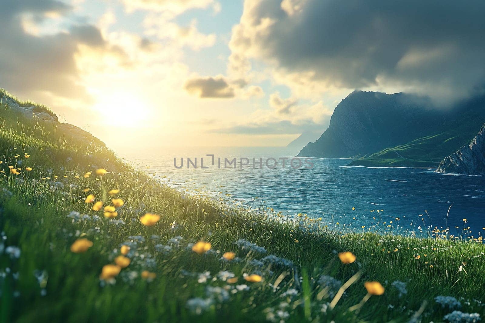 Green grassy shore with wild flowers close-up surrounded by ocean water. Cozy bay against cloudy sky.