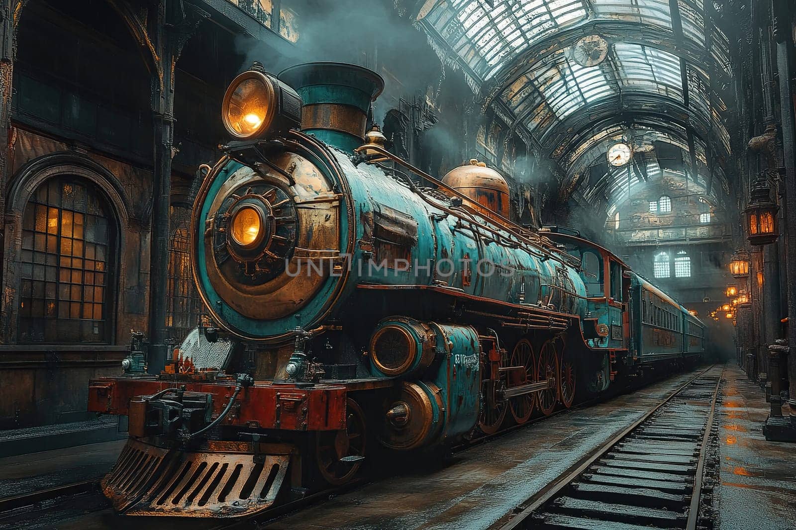 Vintage train arrived at the station. Retro photo of a train and a railway station from the past.