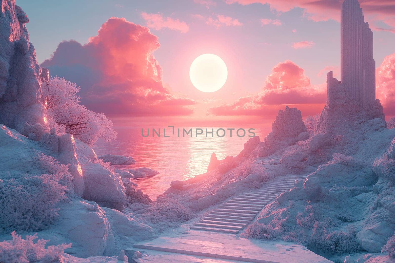 Fantasy landscape with big moon and white rocks over ocean. Pink sky reflected in water