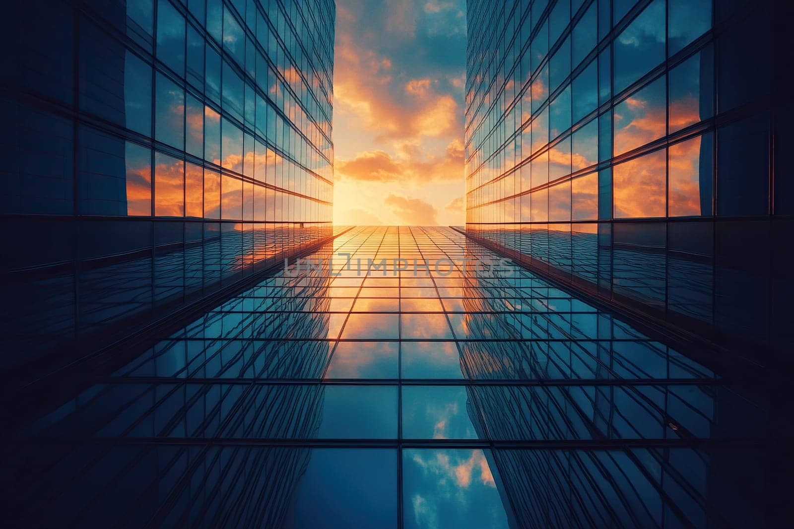 A view from below of skyscrapers shrouded in the twilight light.